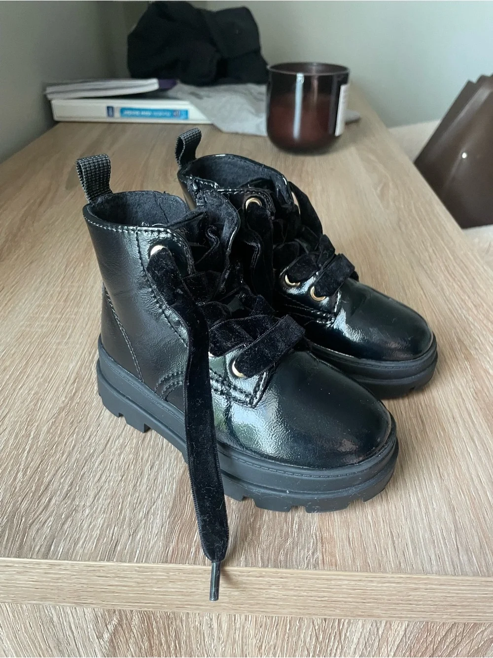 Black Patent Leather Lace-up Booties